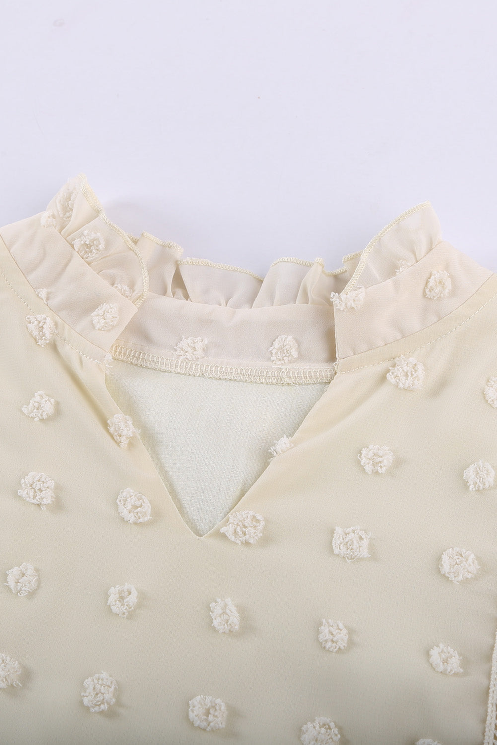 Green Ruffled Split Neck Lace Hollow Out Puff Sleeve Polka Dot Blouse