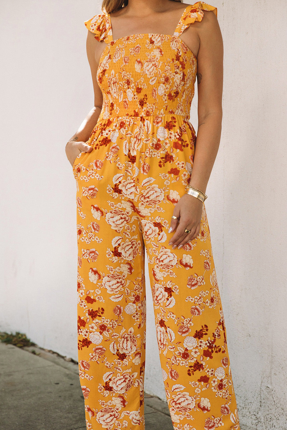 Yellow Floral Print Ruffle Shoulder Smocked Wide Leg Jumpsuit