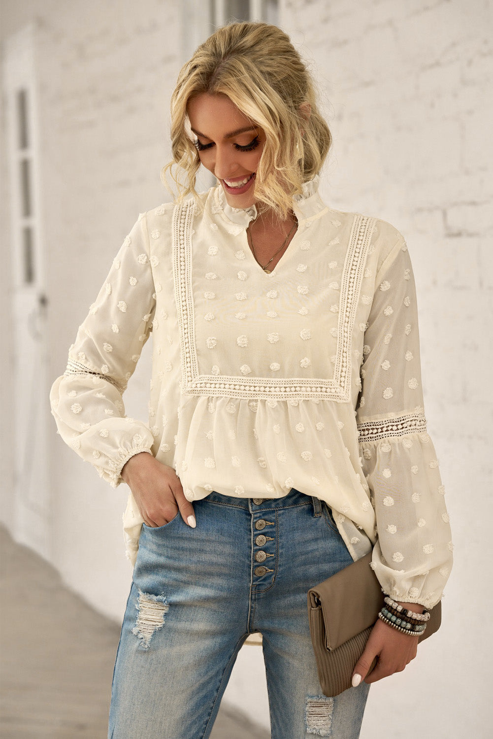 Green Ruffled Split Neck Lace Hollow Out Puff Sleeve Polka Dot Blouse