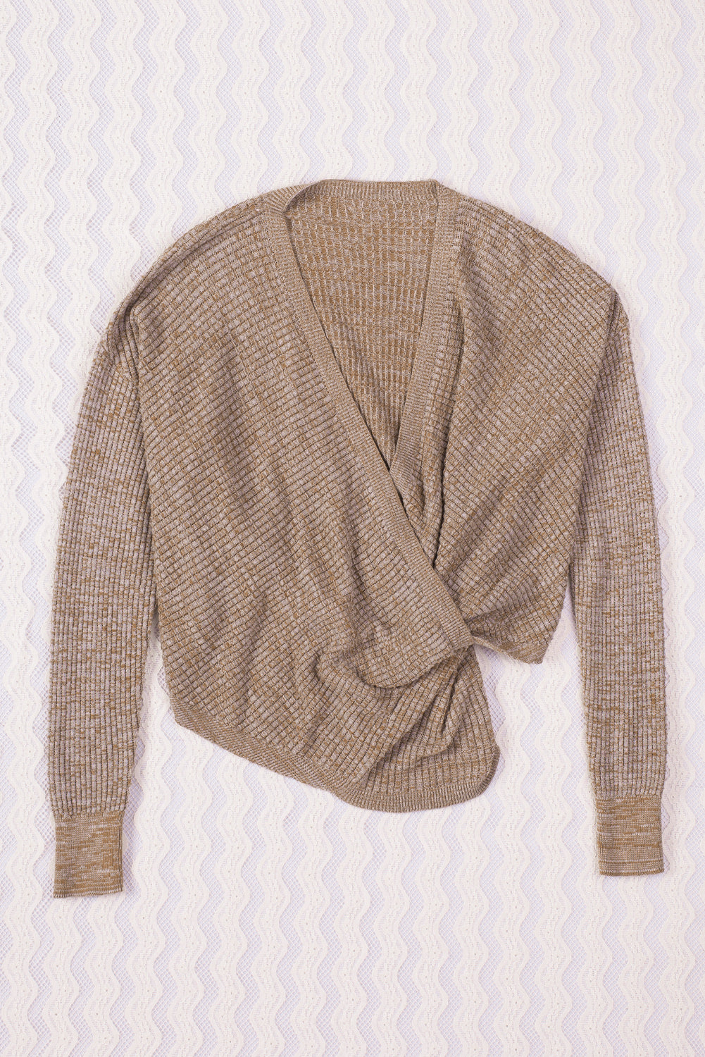 Gray Black/Pink/Gray/Khaki/Apricot Wrap V Neck Waffle Sweater