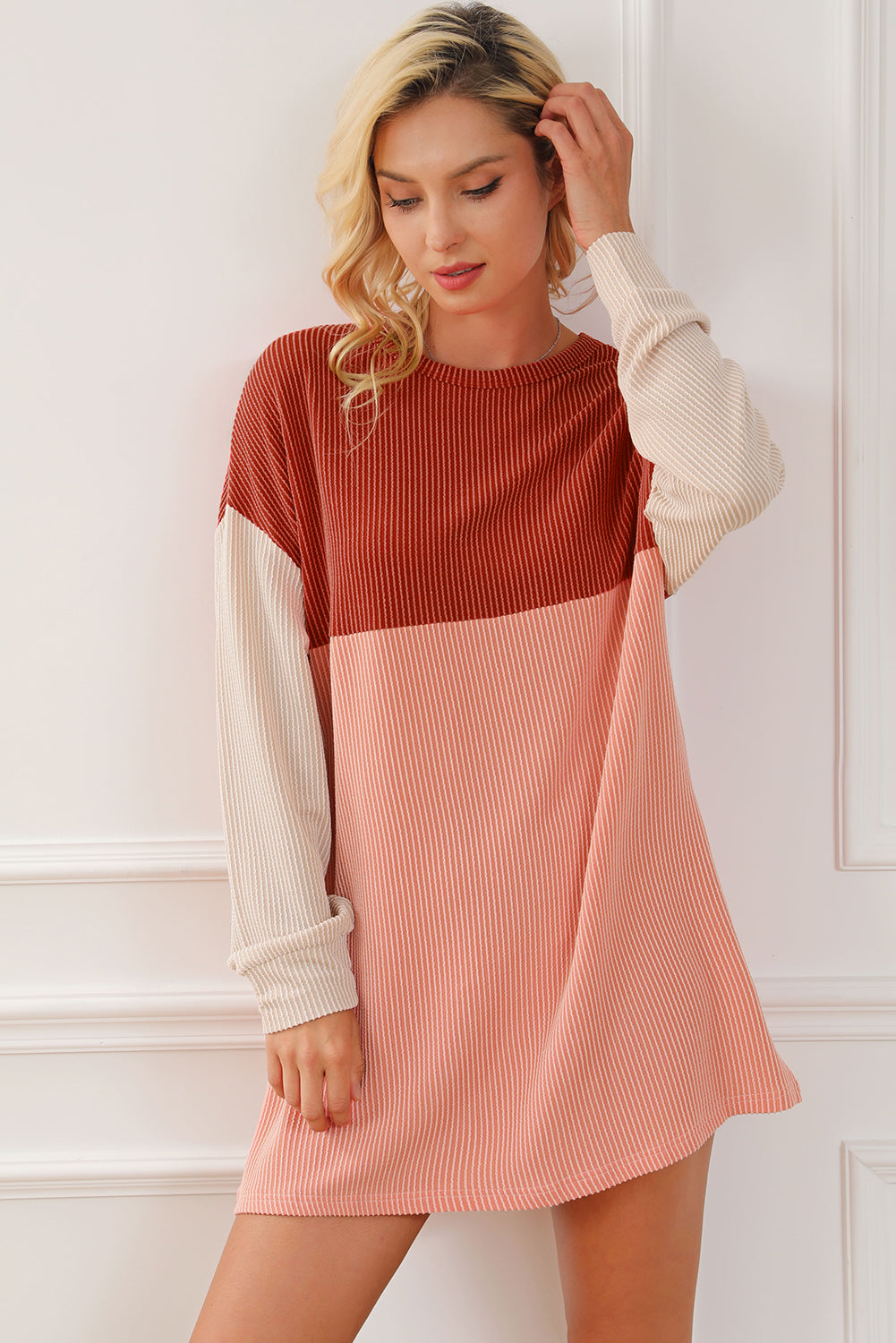 Red Clay Colorblock Corded Long Sleeve Mini Dress