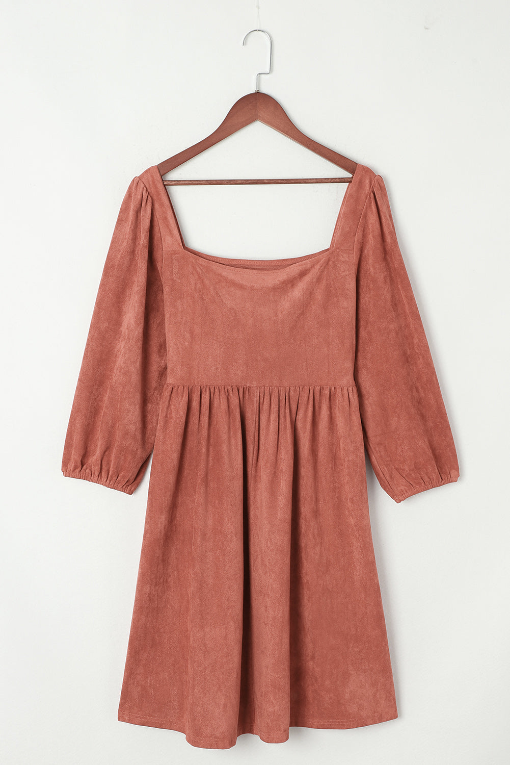 Jungle Green Suede Square Neck Puff Sleeve Dress