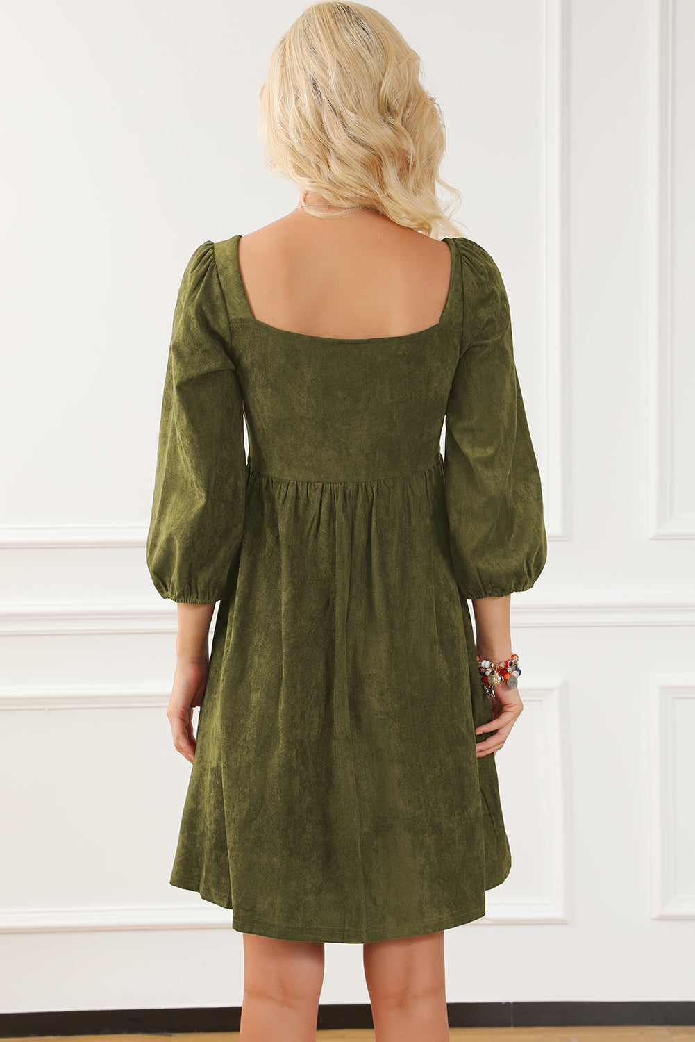 Jungle Green Suede Square Neck Puff Sleeve Dress