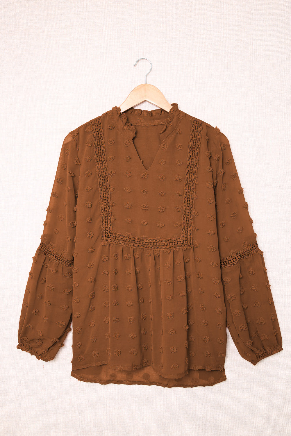 Green Ruffled Split Neck Lace Hollow Out Puff Sleeve Polka Dot Blouse