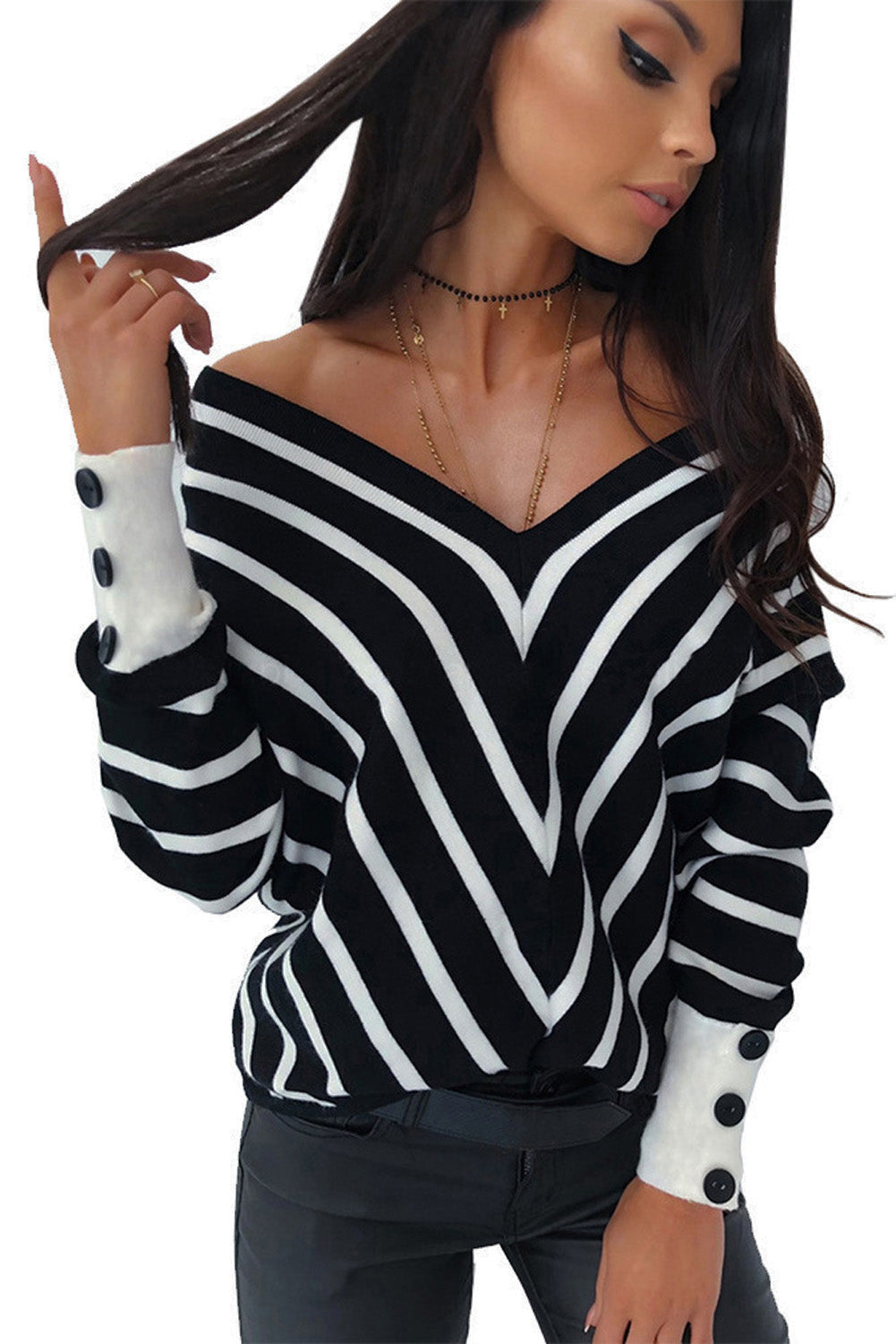 Black V Neck Popper Cuff Striped Casual Sweater