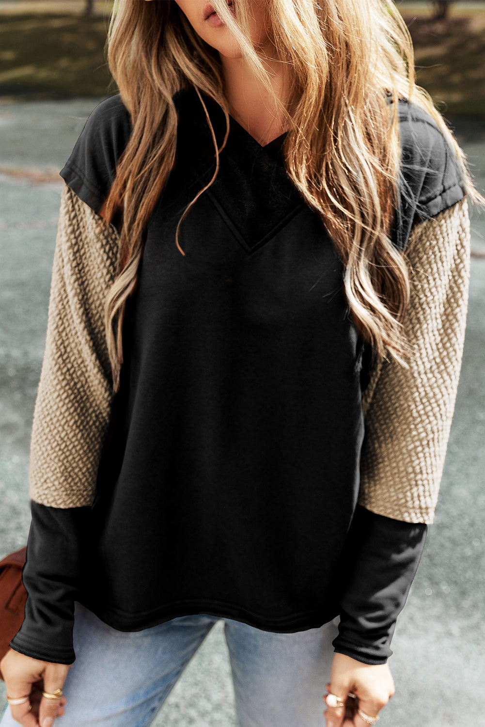 Parchment Contrast Sleeves Patchwork Colorblock Hoodie