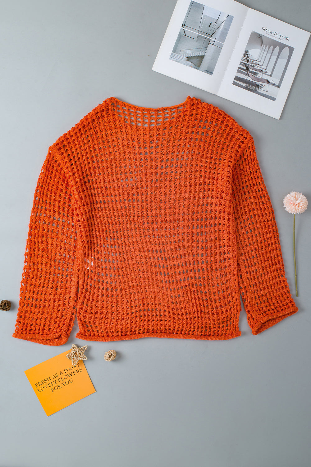 Yellow Open Knit Crochet Bell Sleeve Tunic Sweater