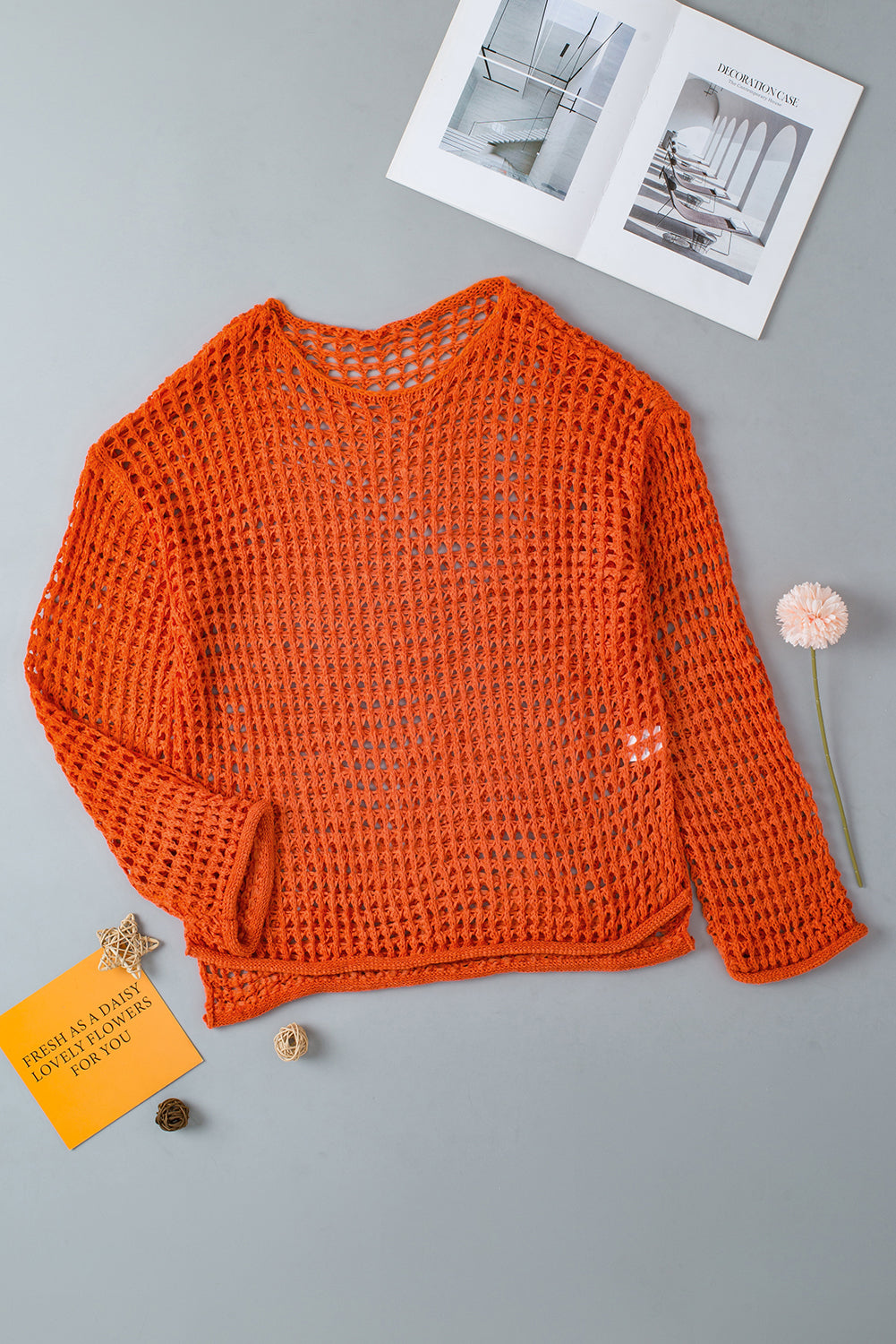 Yellow Open Knit Crochet Bell Sleeve Tunic Sweater