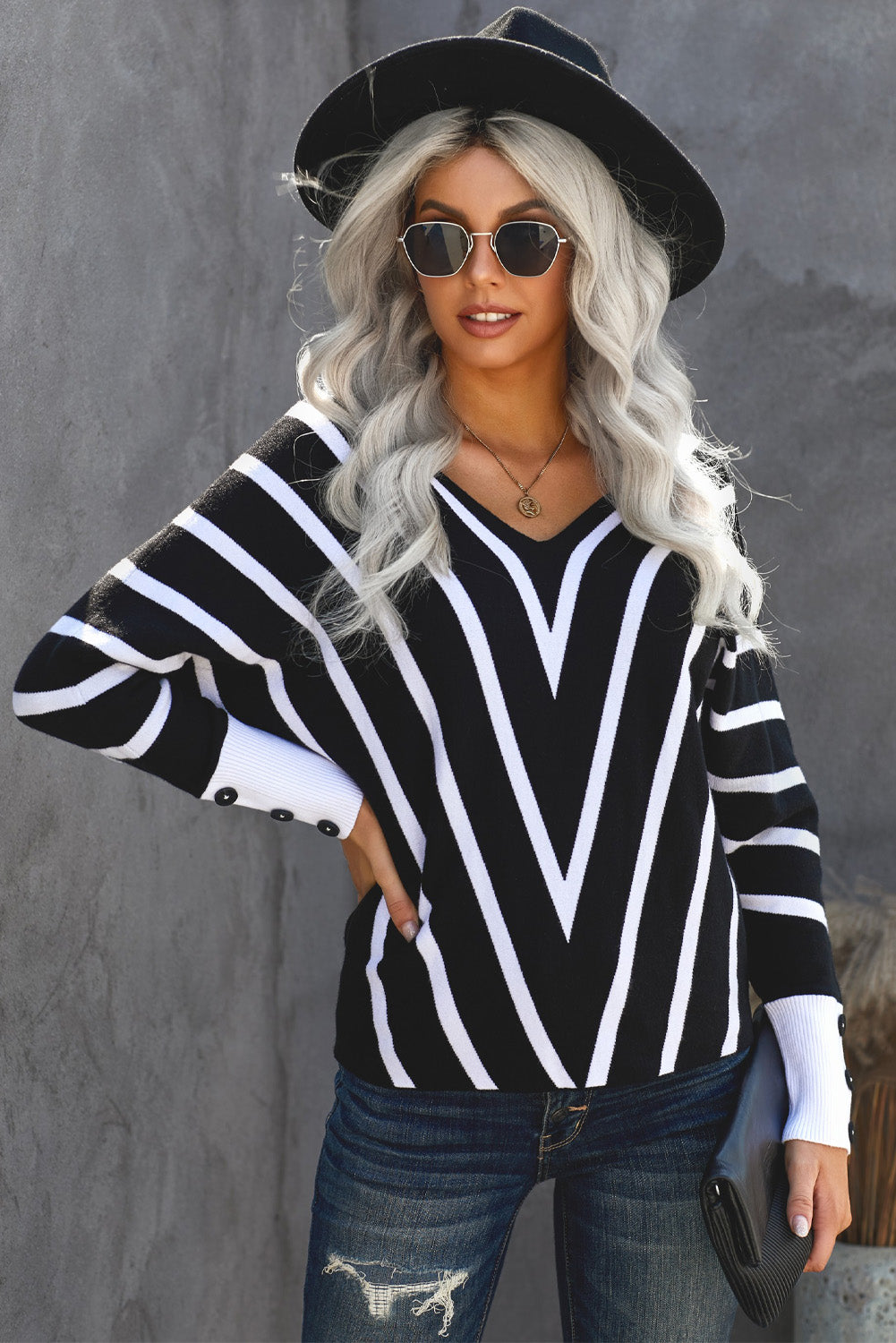 Black V Neck Popper Cuff Striped Casual Sweater