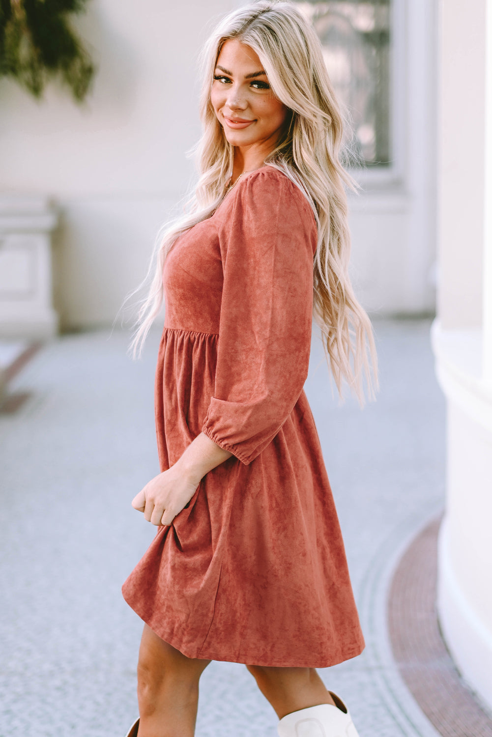 Jungle Green Suede Square Neck Puff Sleeve Dress