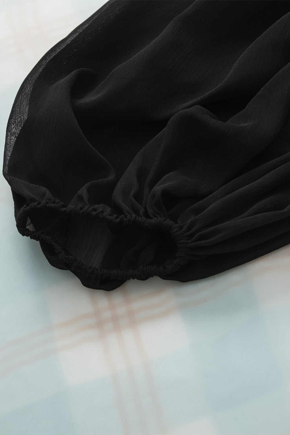 Black Billowy Mesh Puff Sleeve Ribbed Top