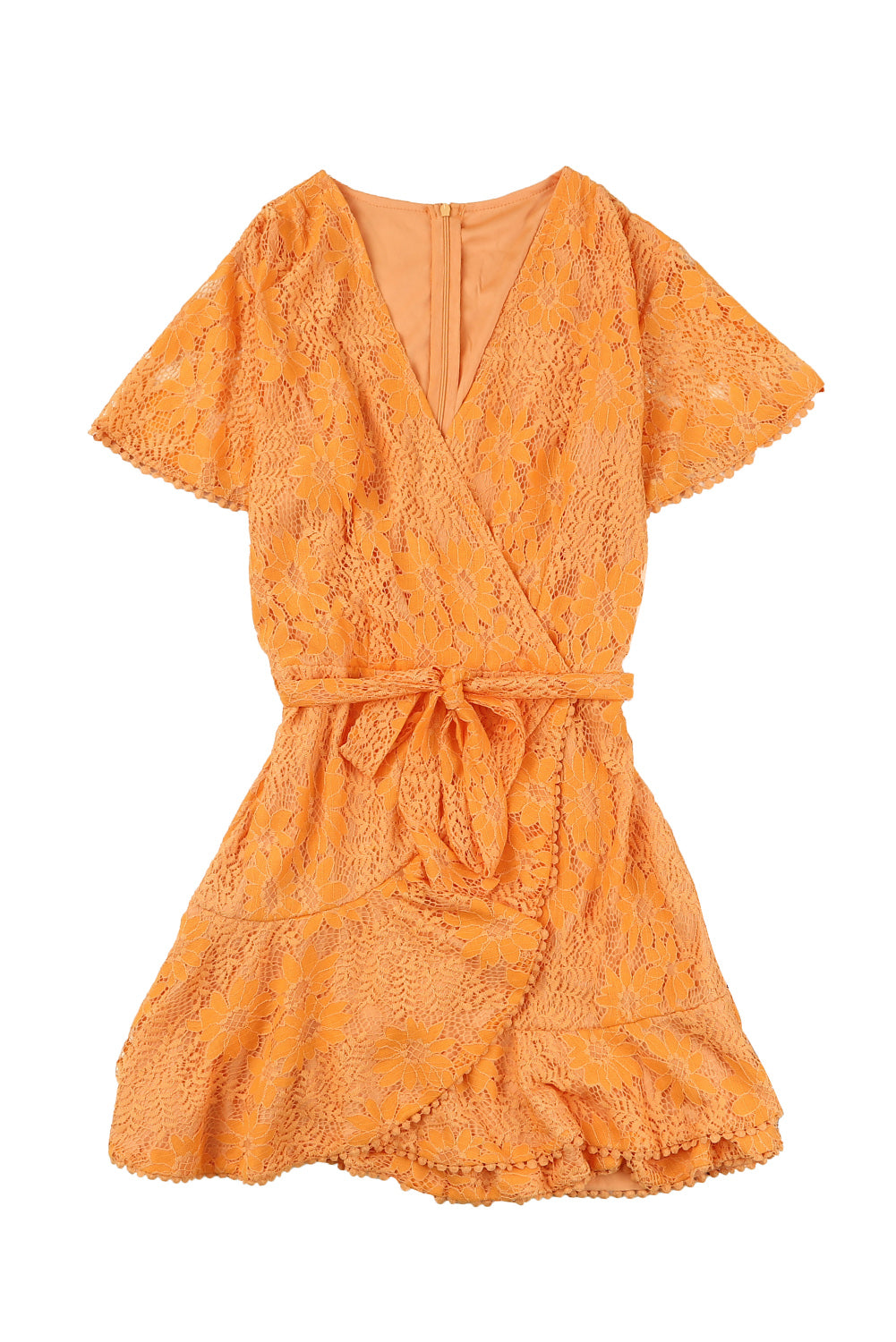 Pink Flutter Sleeve Wrap V Neck Floral Lace Short Dress