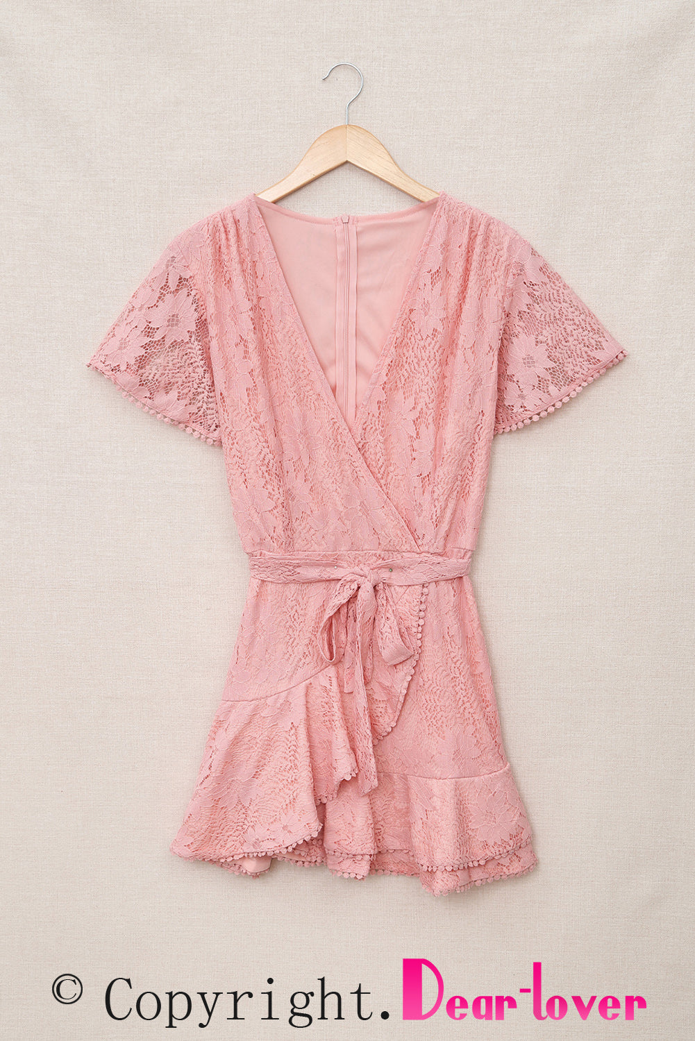 Pink Flutter Sleeve Wrap V Neck Floral Lace Short Dress