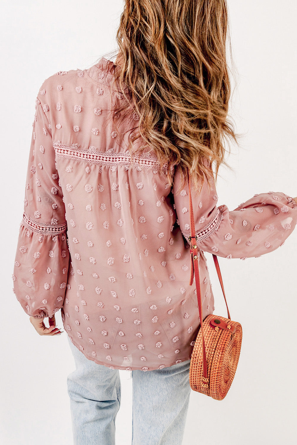 Green Ruffled Split Neck Lace Hollow Out Puff Sleeve Polka Dot Blouse