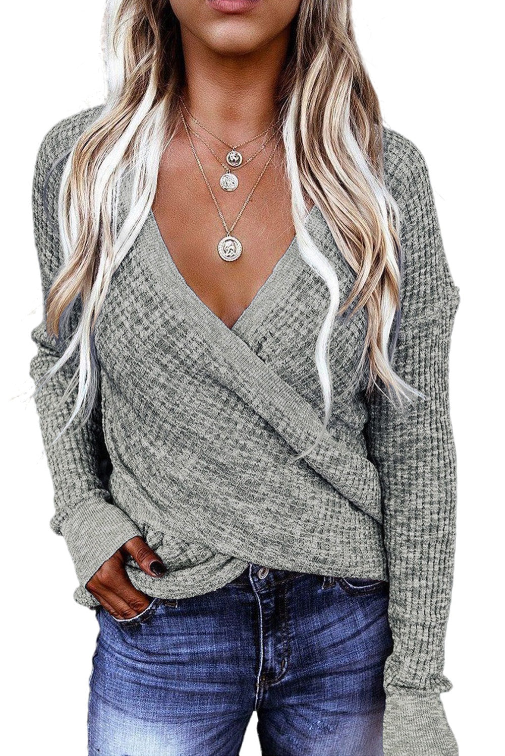 Gray Black/Pink/Gray/Khaki/Apricot Wrap V Neck Waffle Sweater