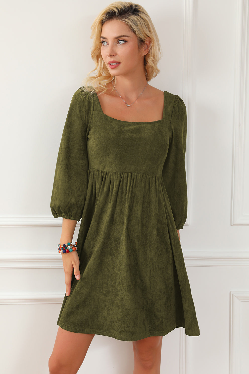 Jungle Green Suede Square Neck Puff Sleeve Dress