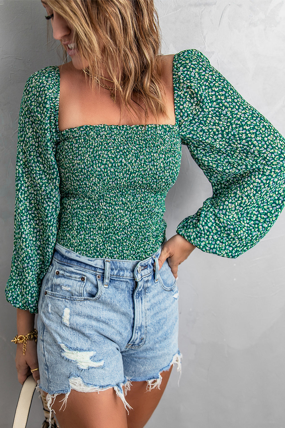 Green Square Neck Puff Sleeve Floral Smocked Top