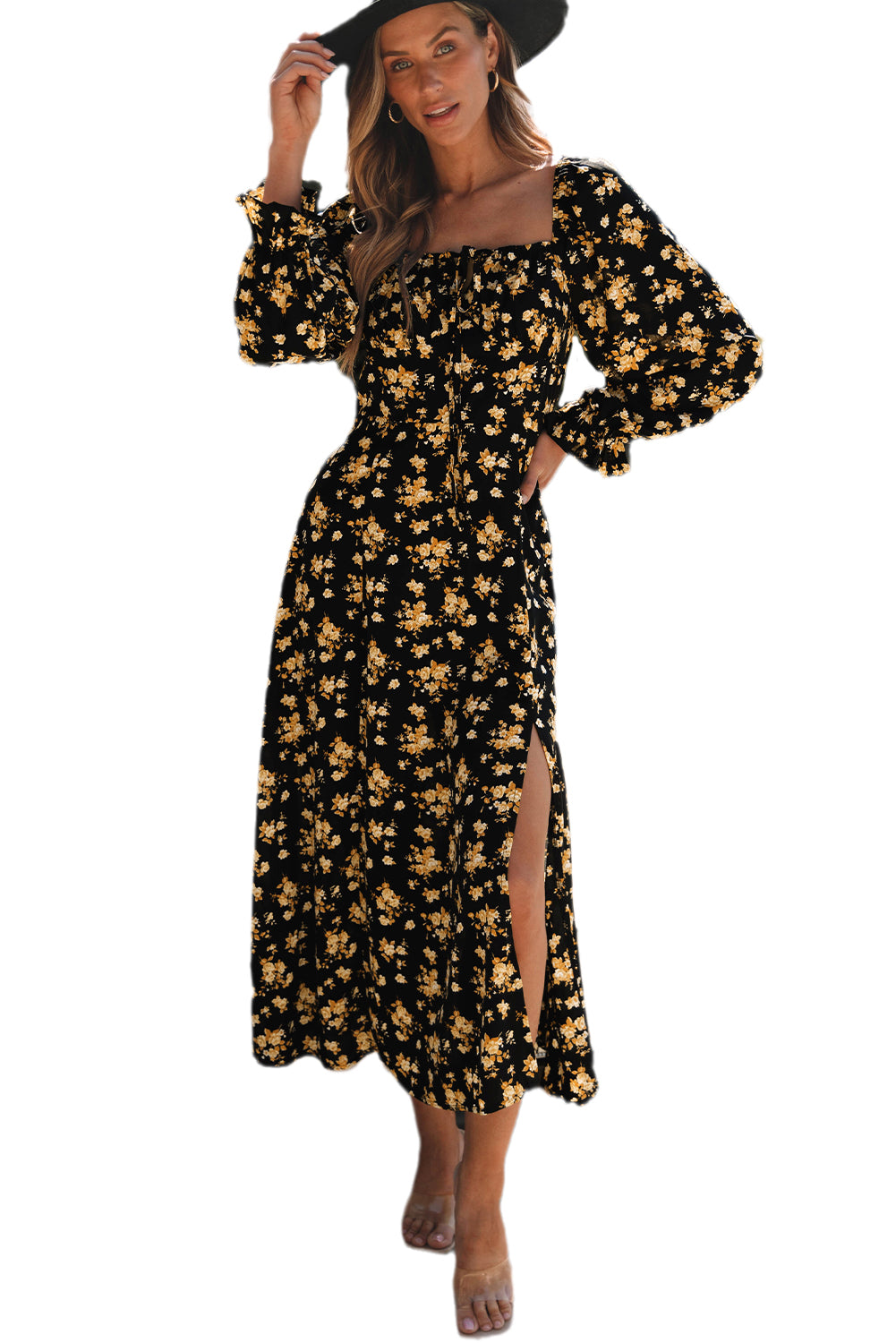 Black Floral Tie Square Neck Puff Sleeve Slit Dress