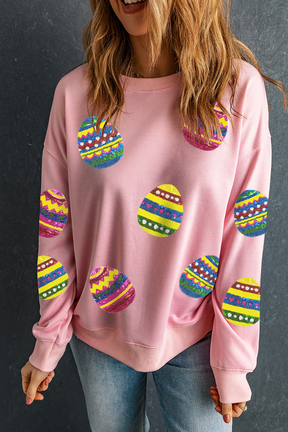 Beige Eater Egg Sequin Patched Crew Neck Sweatshirt