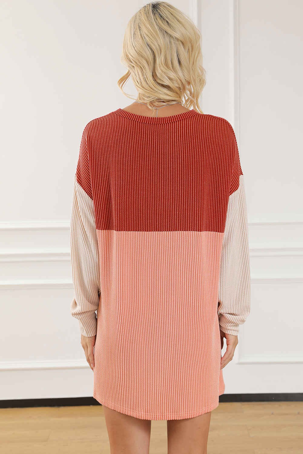 Red Clay Colorblock Corded Long Sleeve Mini Dress