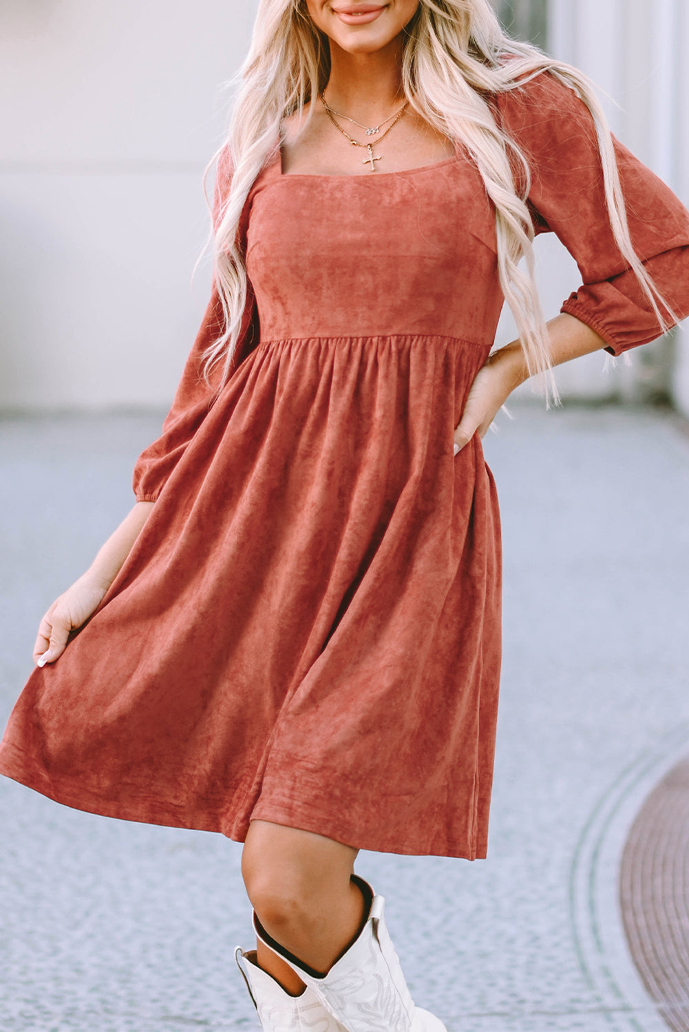 Jungle Green Suede Square Neck Puff Sleeve Dress