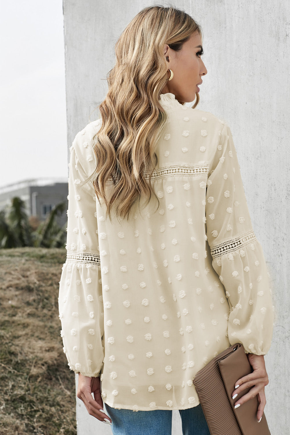 Green Ruffled Split Neck Lace Hollow Out Puff Sleeve Polka Dot Blouse