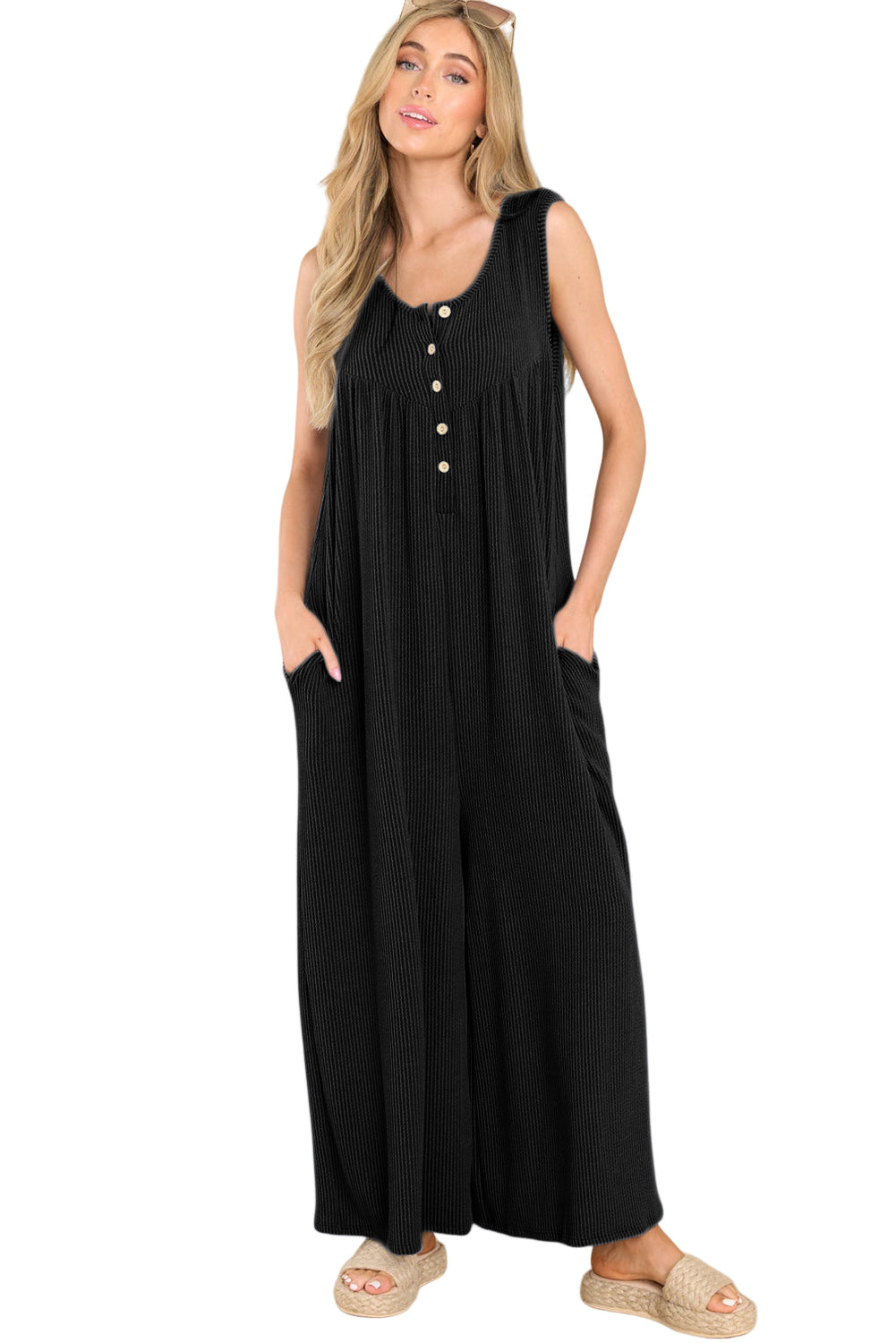 Medium Grey Sleeveless Buttons Wide Leg Rib Knit Jumpsuit
