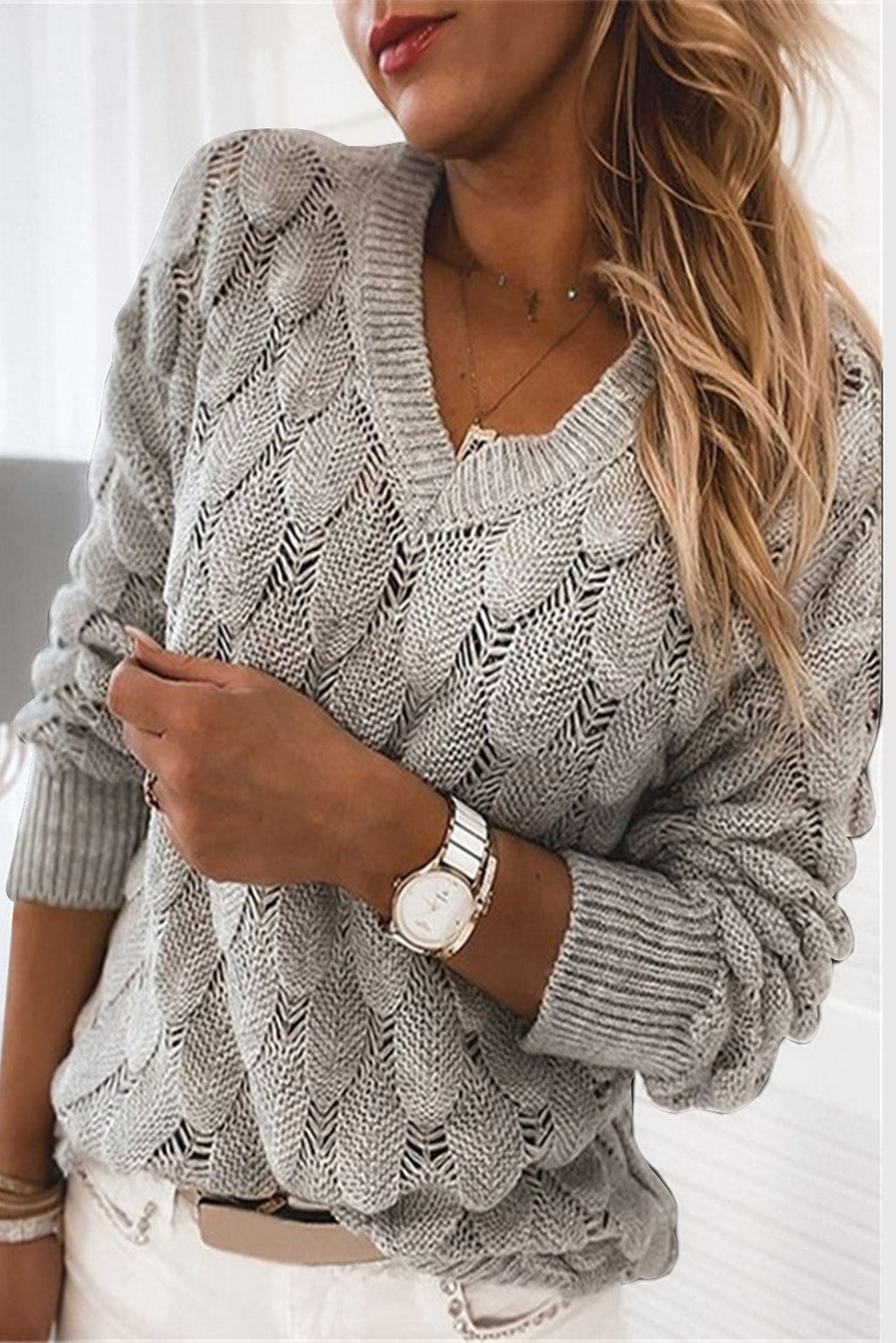 Black Feather Hollowed-out V-neck Long Sleeve Knitted Sweater