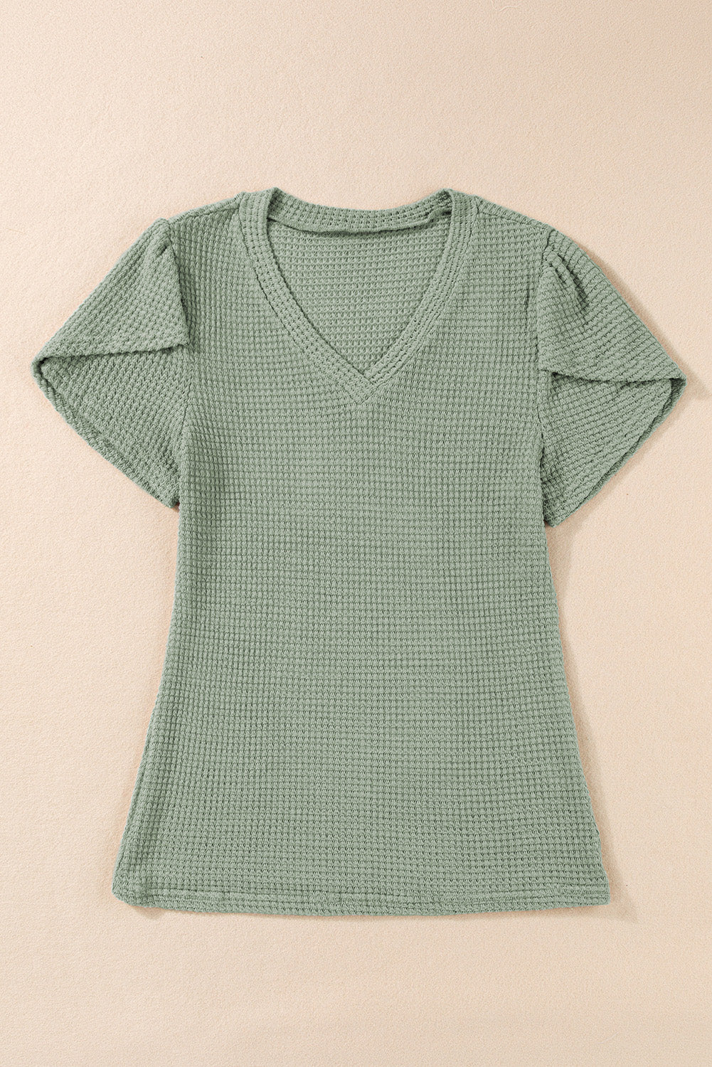 Camel V Neck Petal Sleeve Waffle Knit T-Shirt