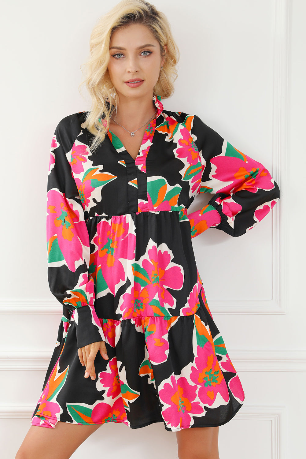 Multicolour Frill Collar Split Neck Long Sleeve Floral Dress