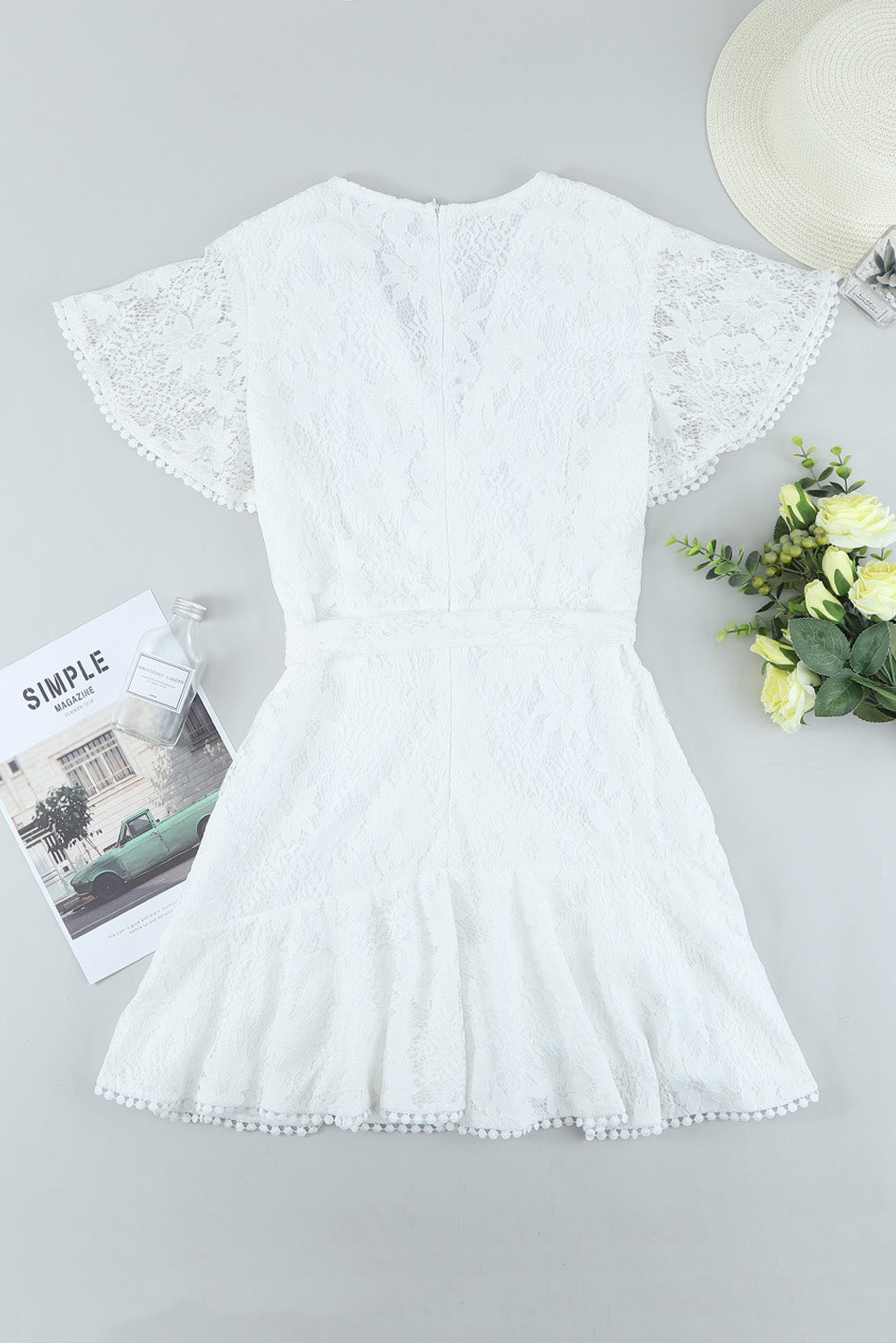 Pink Flutter Sleeve Wrap V Neck Floral Lace Short Dress