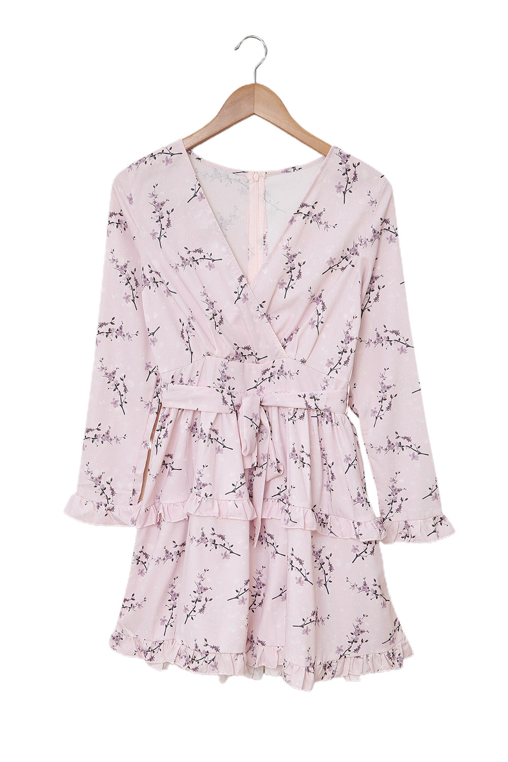 Pink Floral Print Ruffle Hemline Wrap Mini Dress