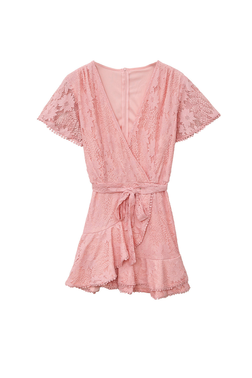Pink Flutter Sleeve Wrap V Neck Floral Lace Short Dress