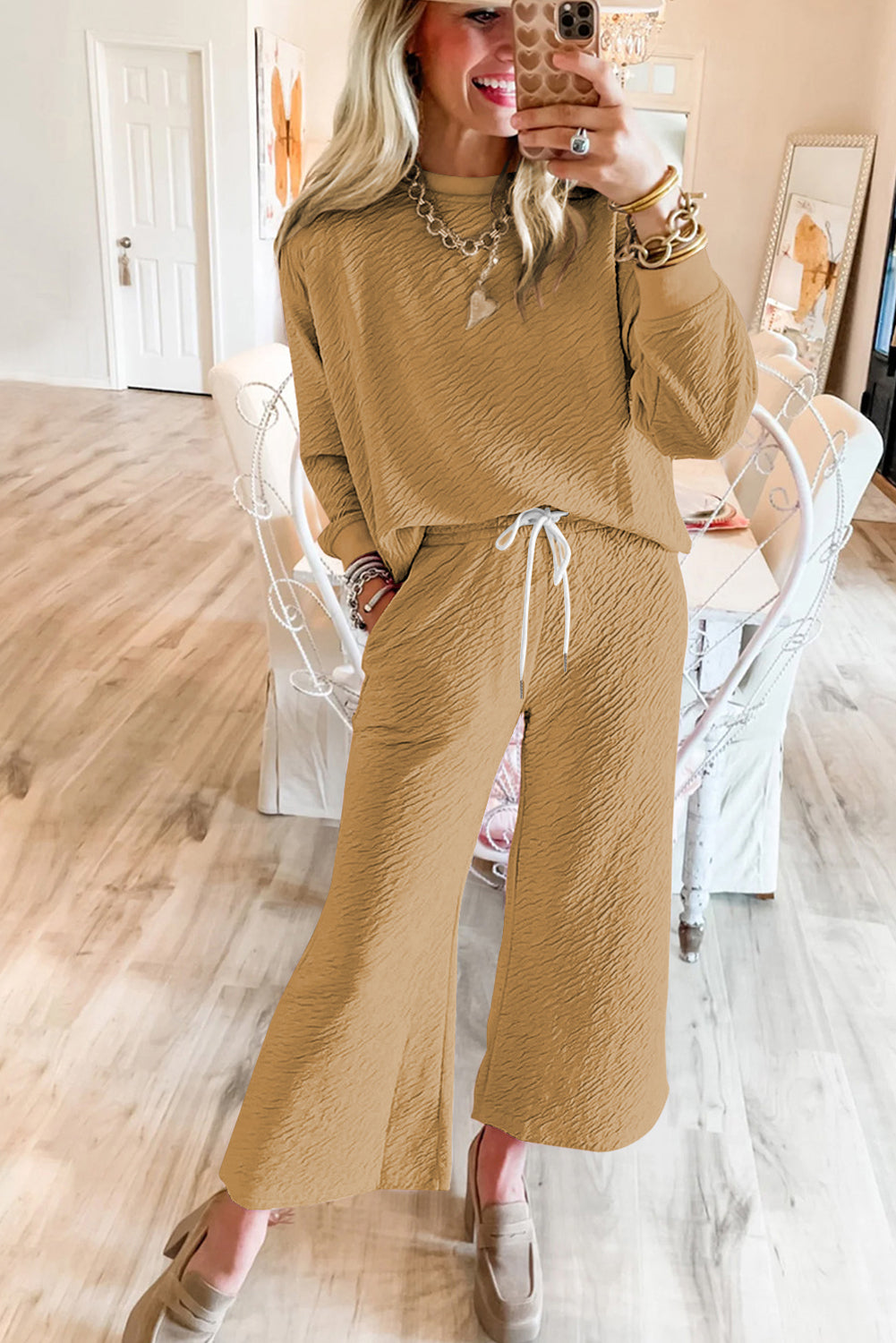White Textured Long Sleeve Top Drawstring Pants Set