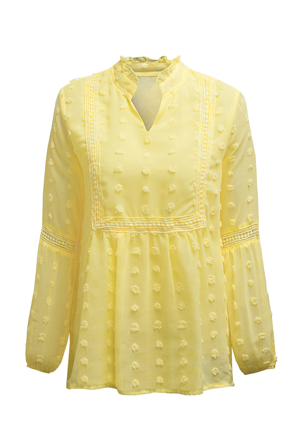 Green Ruffled Split Neck Lace Hollow Out Puff Sleeve Polka Dot Blouse