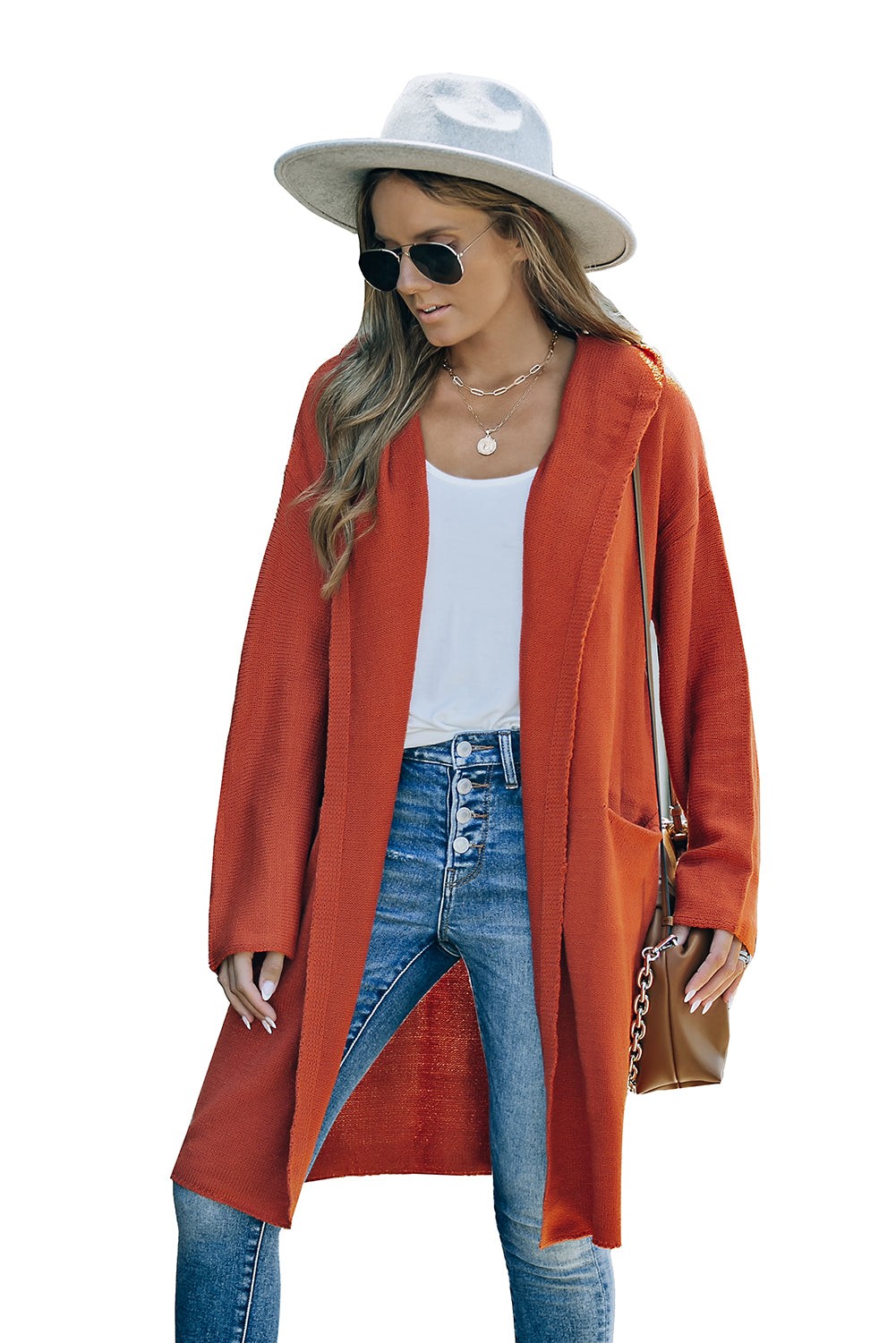 Brown Black/Gray/Brown Open Front Hooded Sweater Cardigan