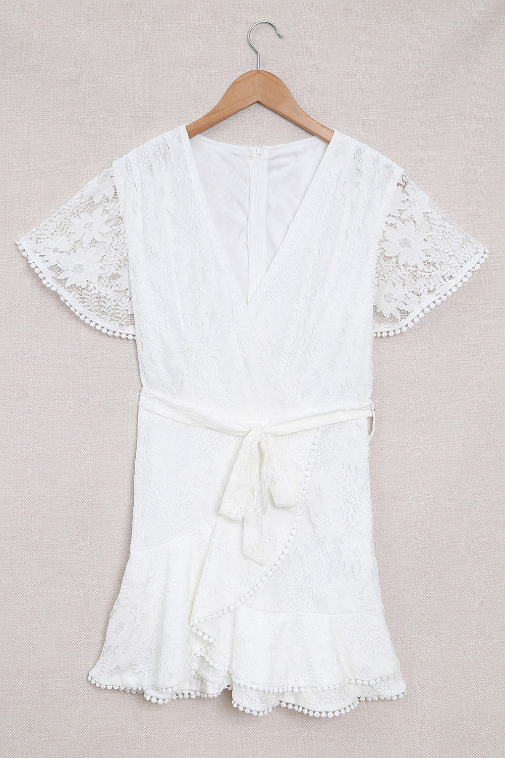 Pink Flutter Sleeve Wrap V Neck Floral Lace Short Dress