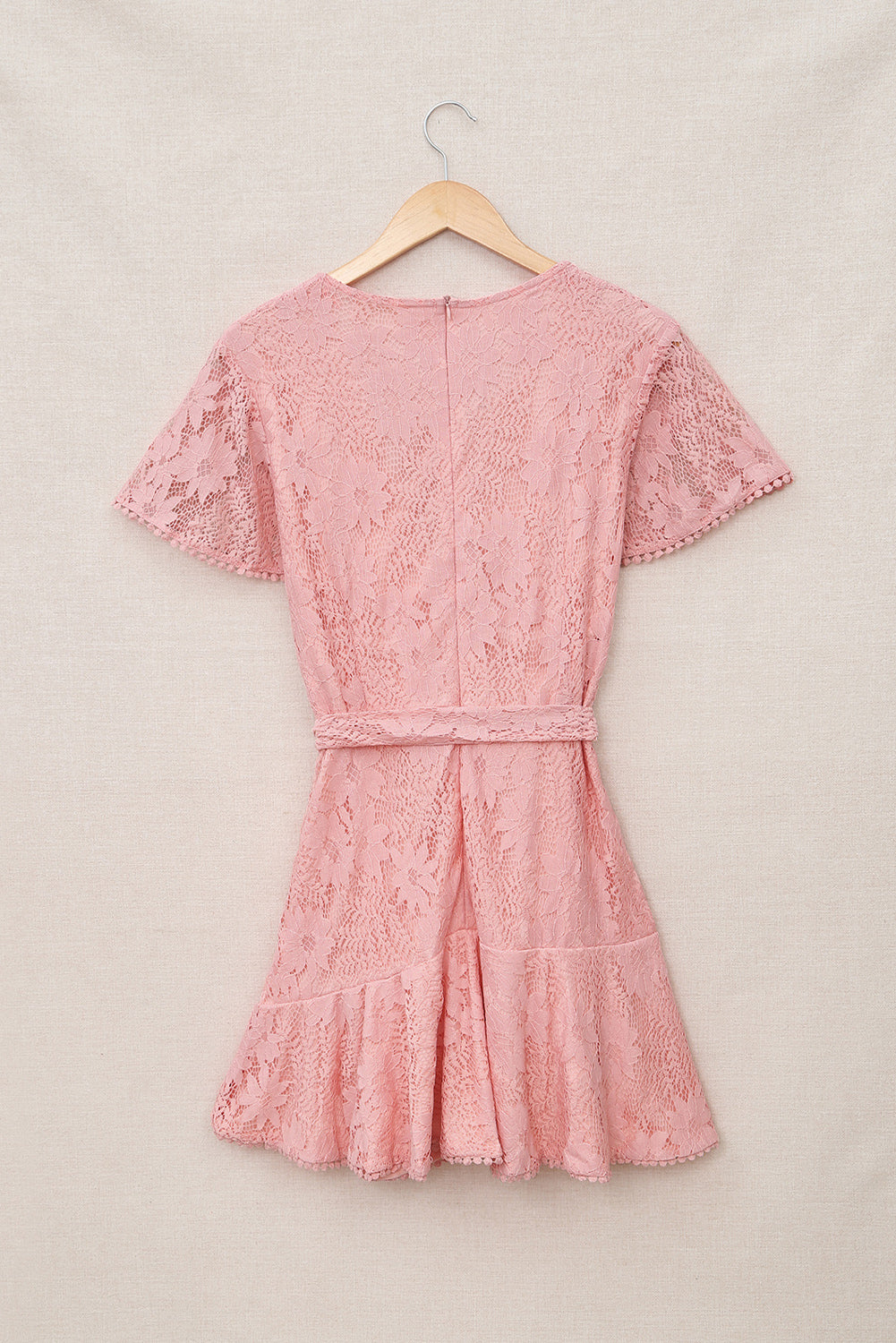 Pink Flutter Sleeve Wrap V Neck Floral Lace Short Dress