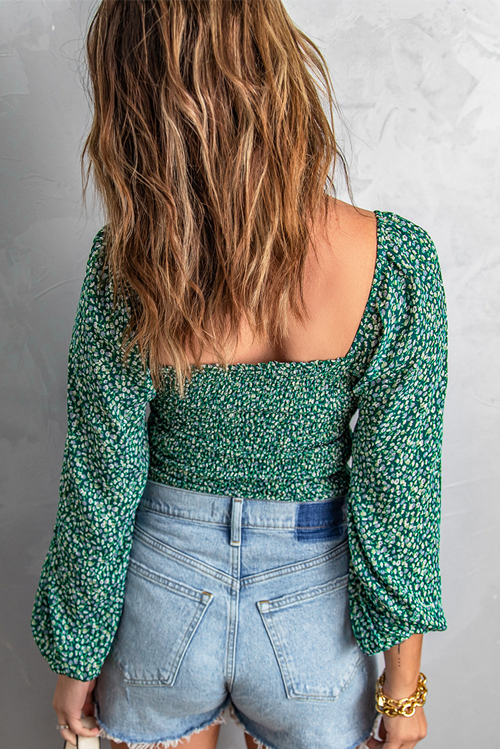 Green Square Neck Puff Sleeve Floral Smocked Top