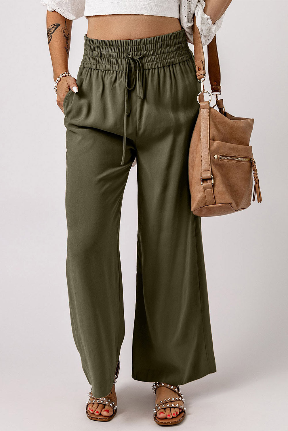 Blue Drawstring Elastic Waist Casual Wide Leg Pants