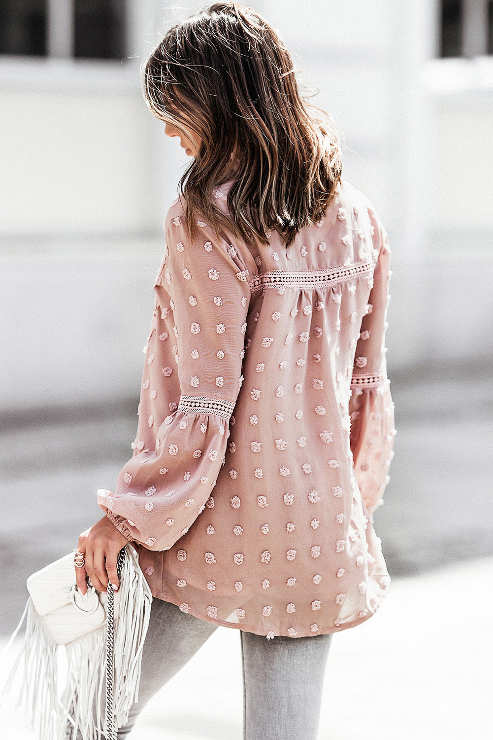 Green Ruffled Split Neck Lace Hollow Out Puff Sleeve Polka Dot Blouse