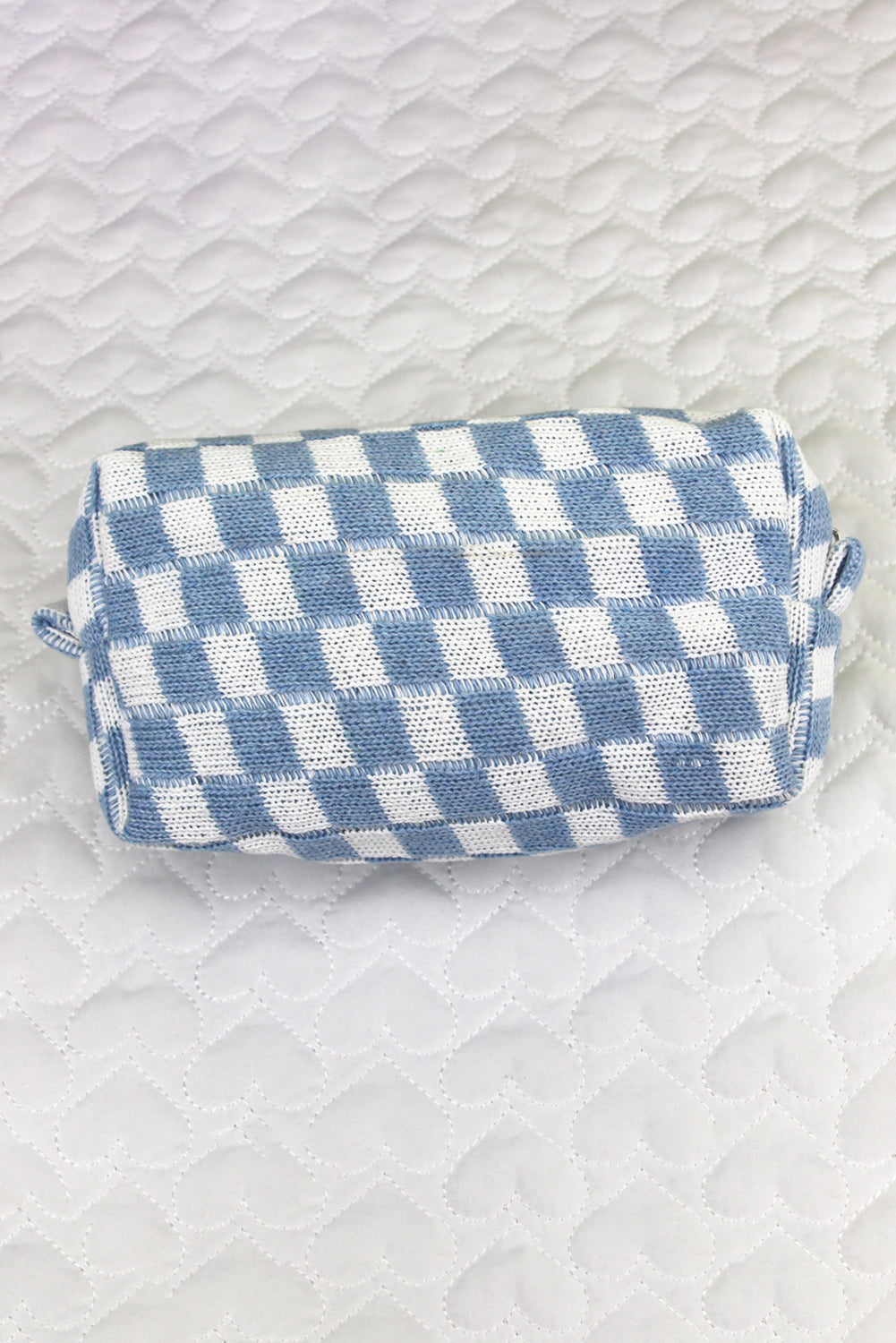 Light French Beige Checkered Knitted Zipper Makeup Bag