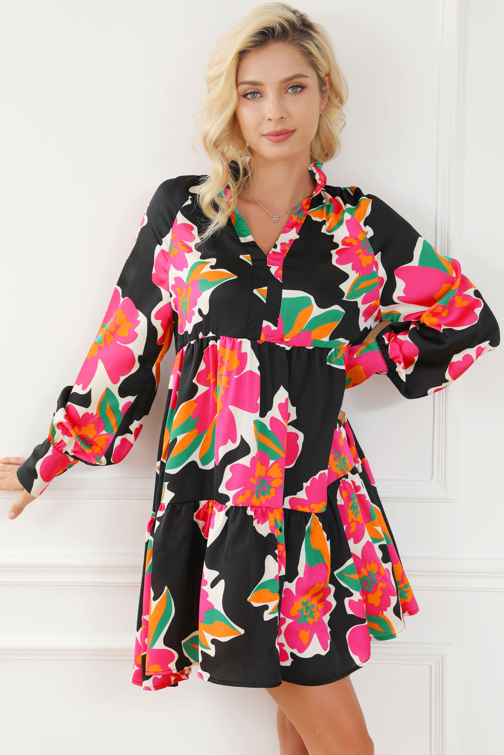 Multicolour Frill Collar Split Neck Long Sleeve Floral Dress