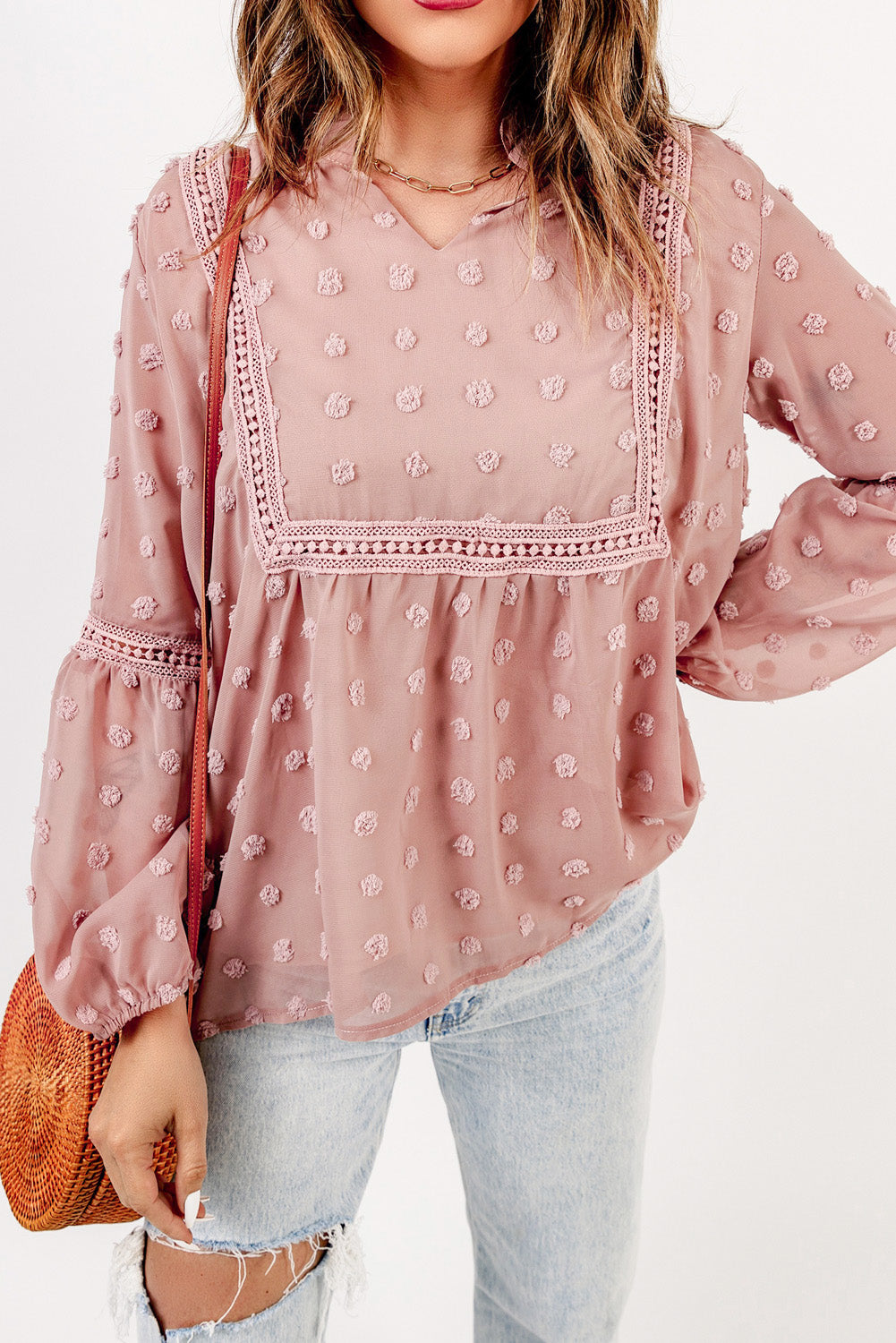 Green Ruffled Split Neck Lace Hollow Out Puff Sleeve Polka Dot Blouse