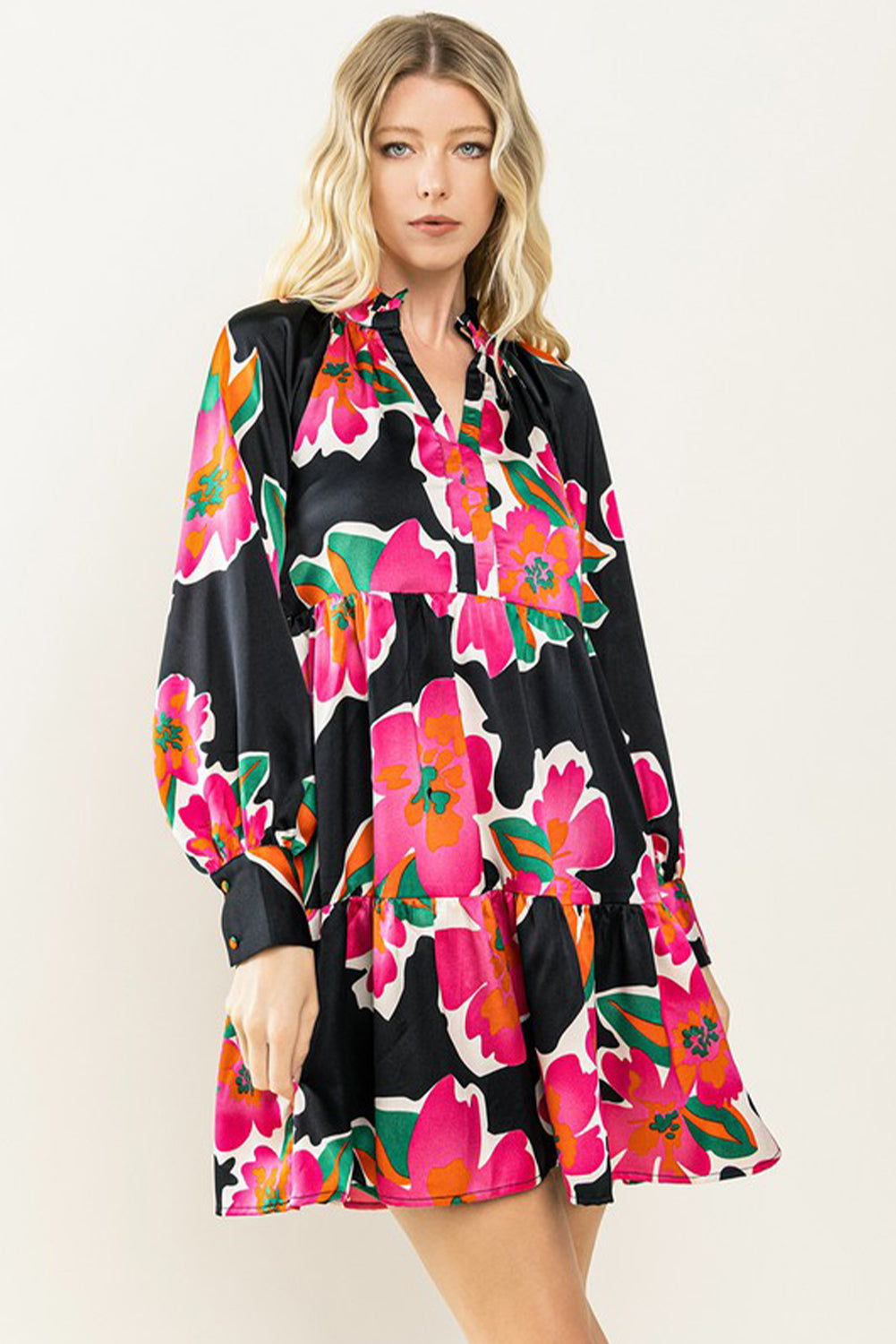 Multicolour Frill Collar Split Neck Long Sleeve Floral Dress