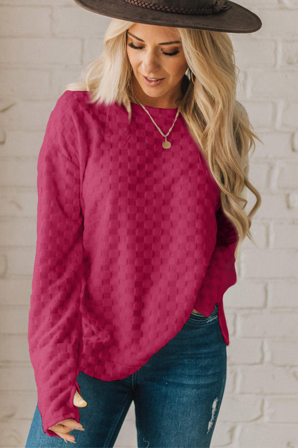 Black Solid Textured Thumbhole Sleeve Top