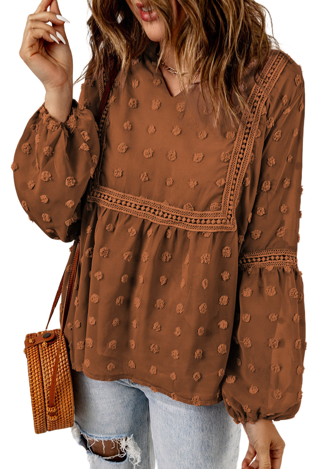 Green Ruffled Split Neck Lace Hollow Out Puff Sleeve Polka Dot Blouse