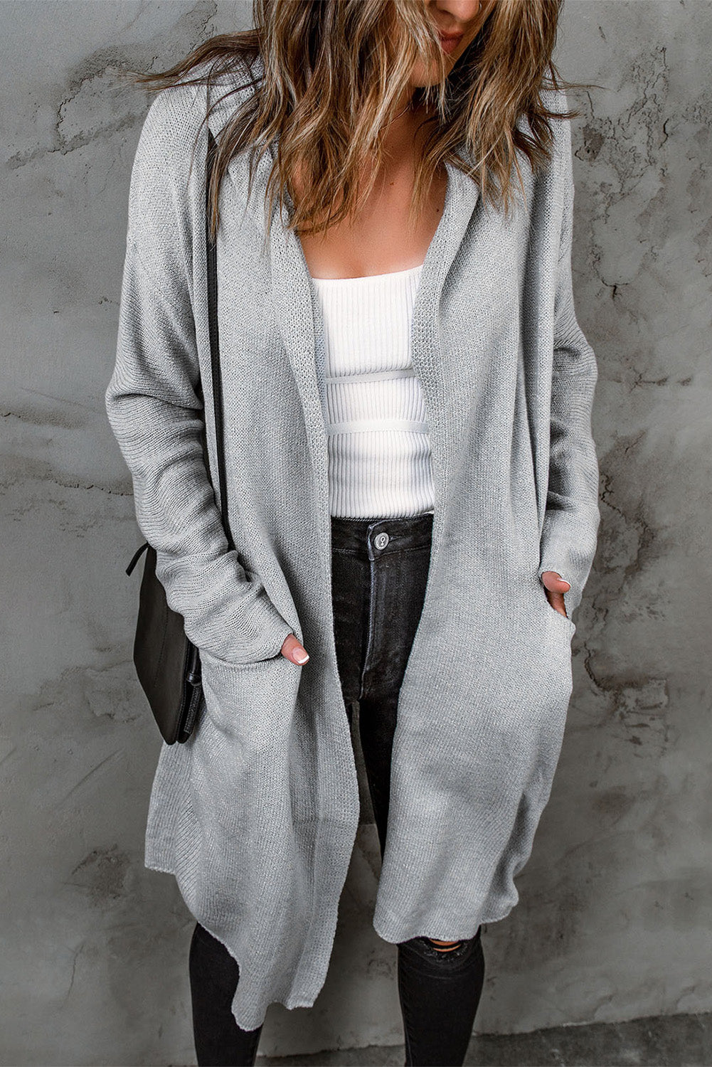 Brown Black/Gray/Brown Open Front Hooded Sweater Cardigan