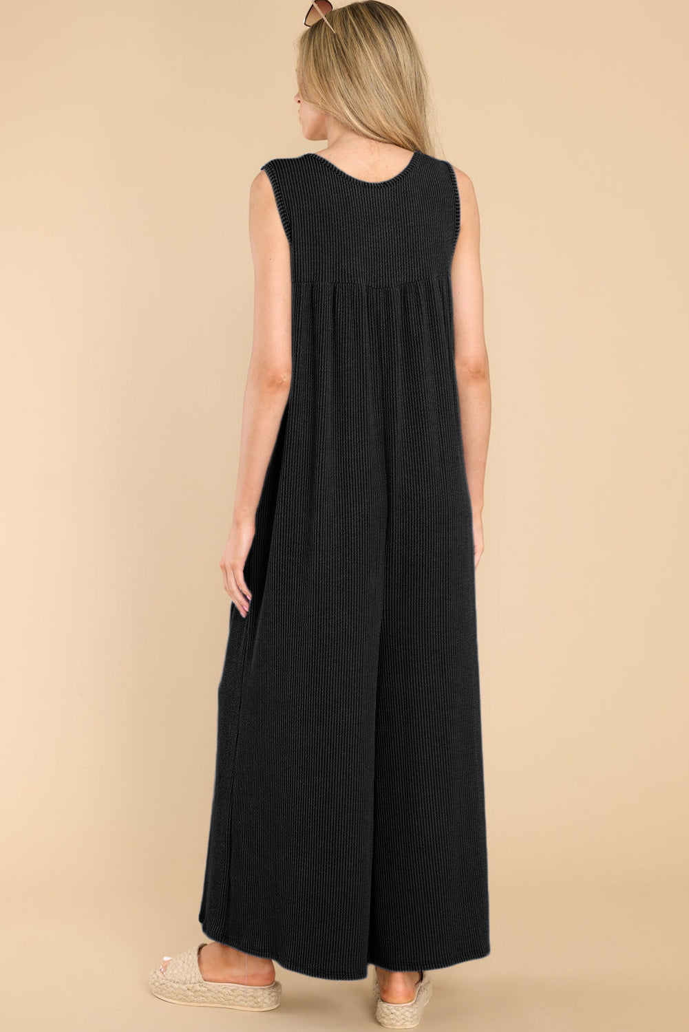 Medium Grey Sleeveless Buttons Wide Leg Rib Knit Jumpsuit