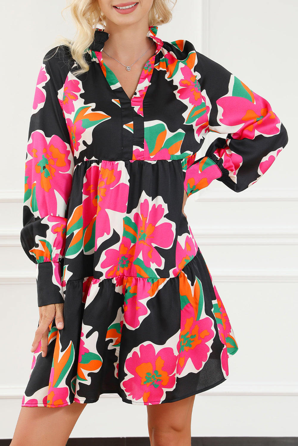 Multicolour Frill Collar Split Neck Long Sleeve Floral Dress